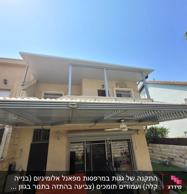 גג אלומיניום עם קורות תומכות במרפסת